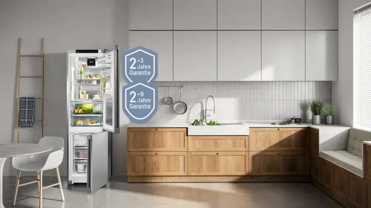 Freistehende Kühl-Gefrierkombination in Küche mit 2+3 Jahre und 2+8 Jahre Garantie Icon