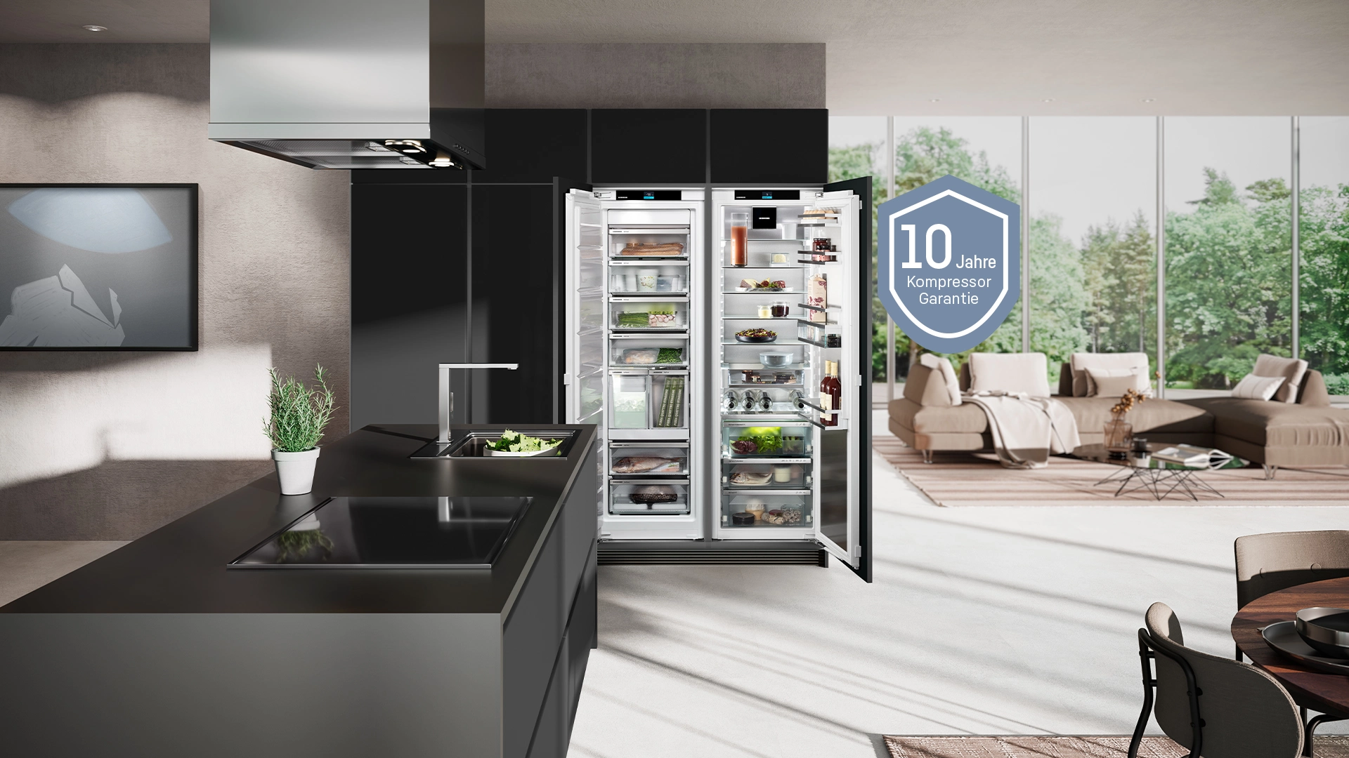 Side-by-Side Kühlschrank in Küche mit 10 Jahre Kompressorgarantie und 2+1 Jahre Garantie Icon