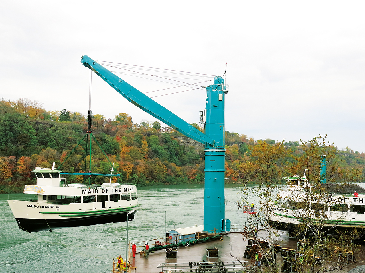 Liebherr heavy lift fix mounted crane is used for lifting tour boats at the Niagara Falls, NY