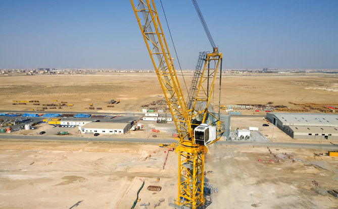 Four Liebherr tower cranes building the tallest building in the world in Jeddah, Saudi Arabia