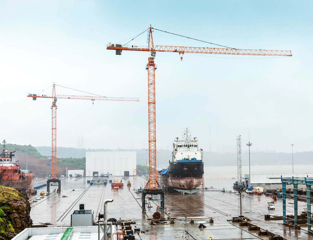 Two Liebherr 200 EC-H 10 FR.tronic Tower Cranes Used in a Shipbuilding Yard in India