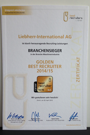 Liebherr-International AG als „Best Recruiter Schweiz 2014/2015“ ausgezeichnet