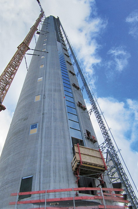 Liebherr stationary concrete pump transports concrete for thyssenkrupp test tower over 230 metres high