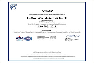 Liebherr-Verzahntechnik GmbH ist nach neuester ISO-Norm (:2015) zertifiziert