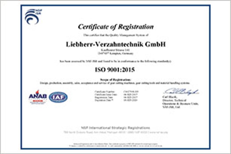 Liebherr-Verzahntechnik GmbH is certified according to the latest