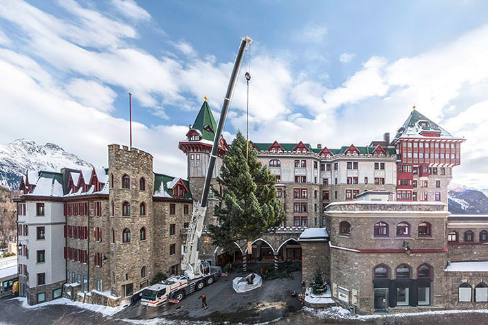 Christmas tree erected for luxury hotel in St. Moritz