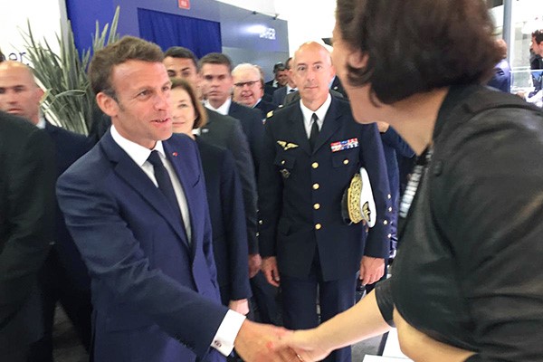 French President Macron visits German Pavilion and greets Liebherr staff during Paris Air Show 2019