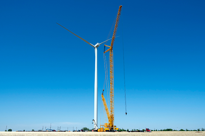 Liebherr LG 1750 mobile crane working on a wind turbine project in West Texas