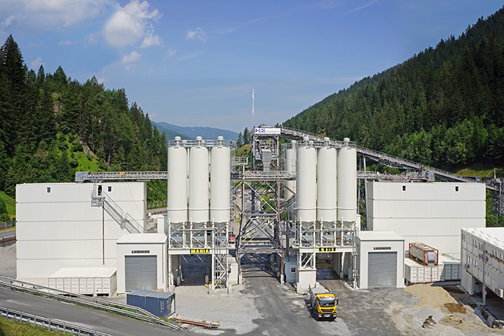 Two Liebherr mixing plants Betonmix 3.0 master concrete production at Brenner Base Tunnel
