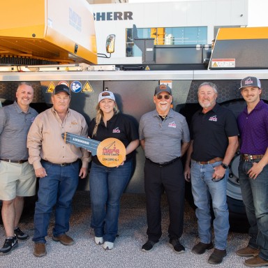 Liebherr delivers an LTM 1090-4.3 mobile crane to Davis Crane Group at Conexpo 2026.