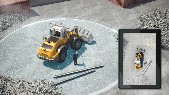 The images from the skyview cameras are combined to form a bird’s eye view of the machine environment which is shown on a separate display in the operator’s cab
