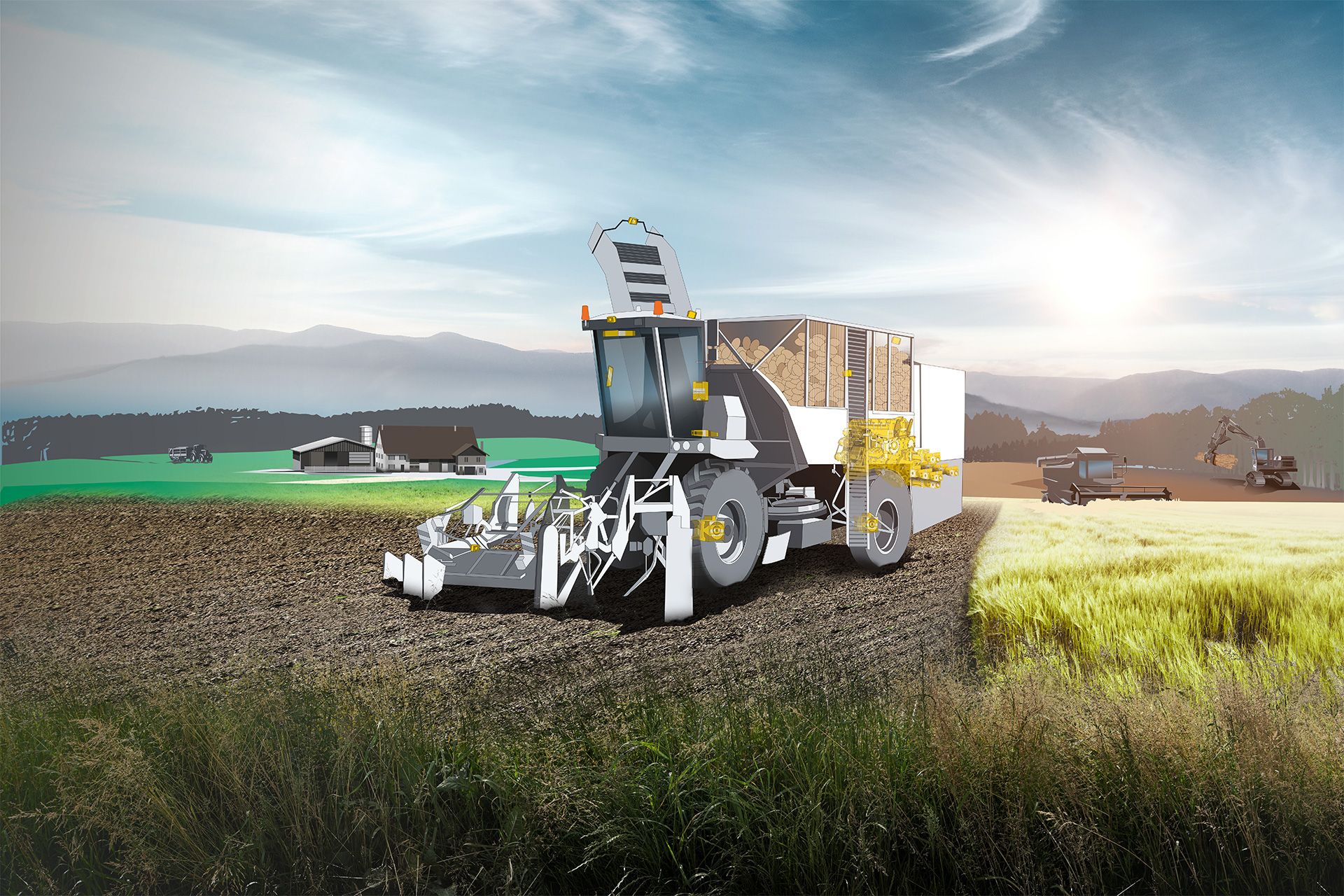 Potato harvester working in the field and Liebherr components in the machine are visible