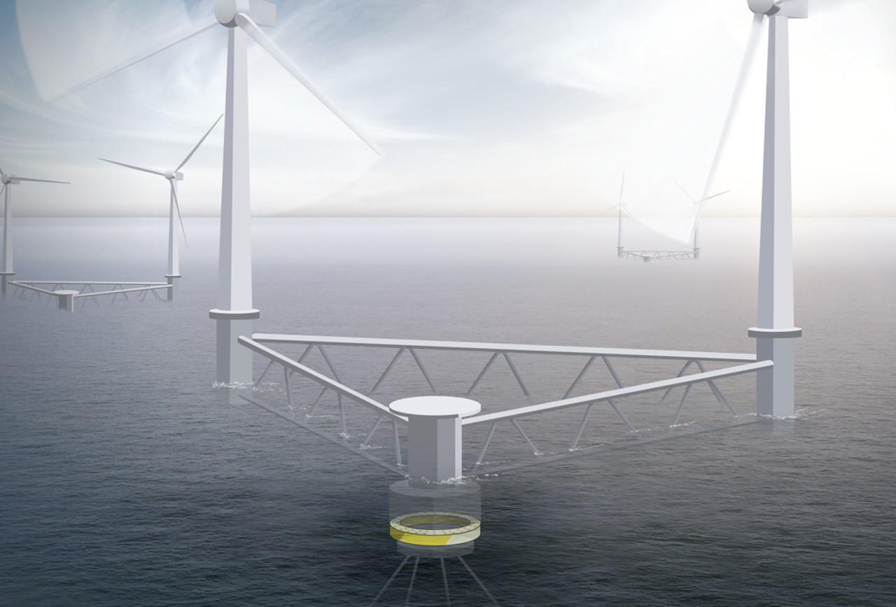 An illustration of floating wind with highlightend slewing bearing components by Liebherr