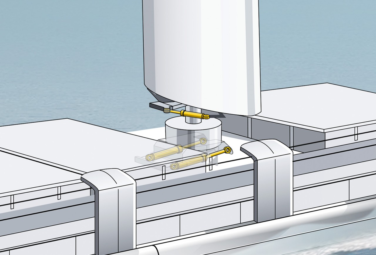 tilting and folding hydraulic cylinders yellow highlighted on a ship by Liebherr