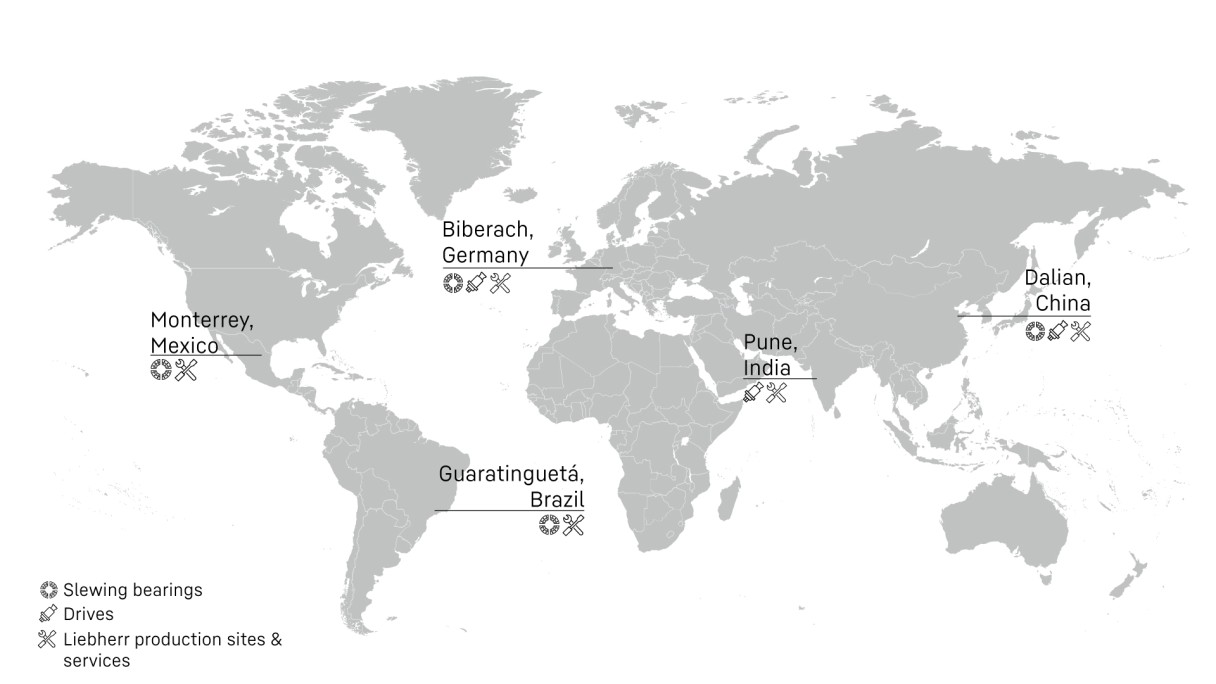 World map of Liebherr's production and services for components in the wind industry