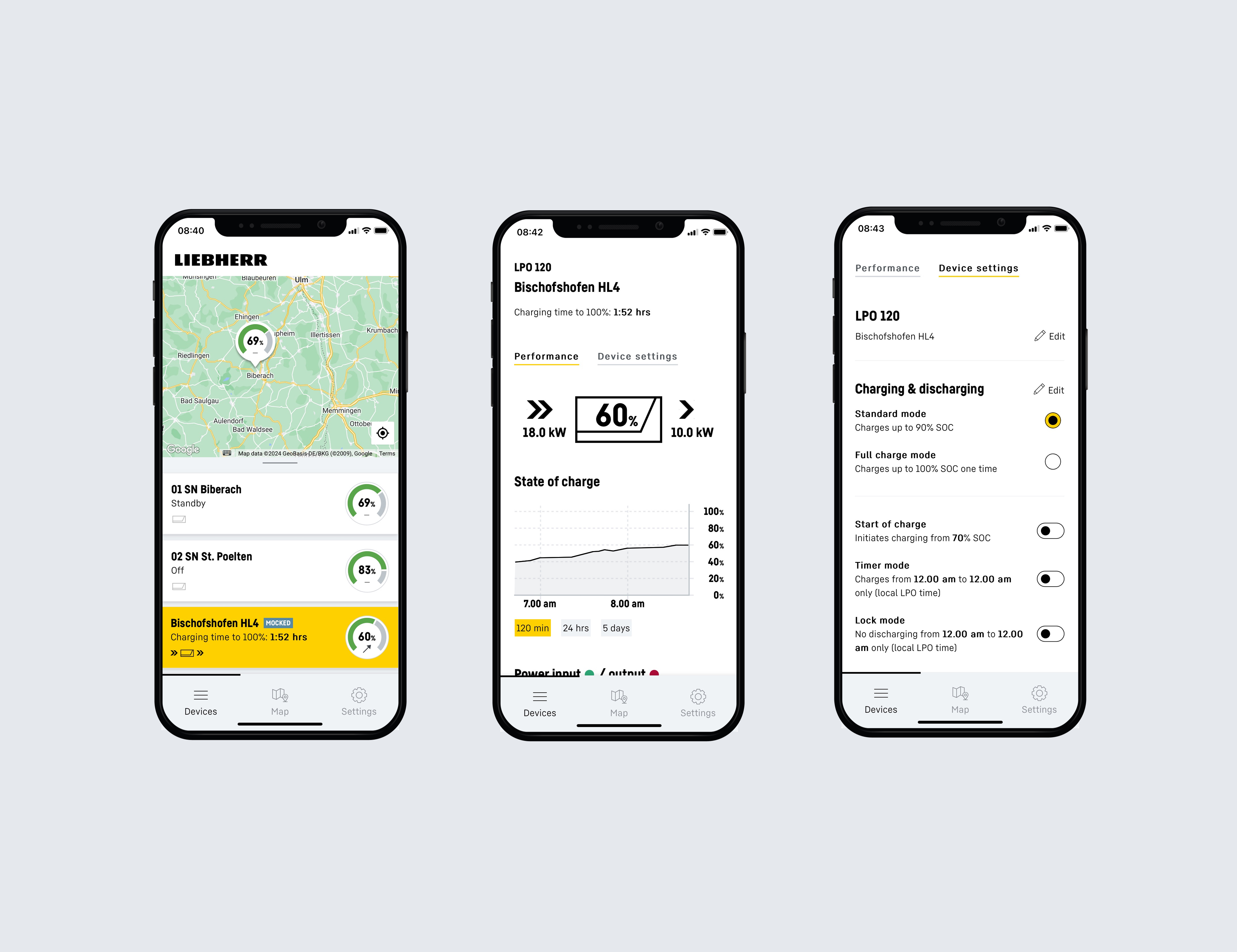 Three mobile phones displaying the LPO monitoring app by Liebherr