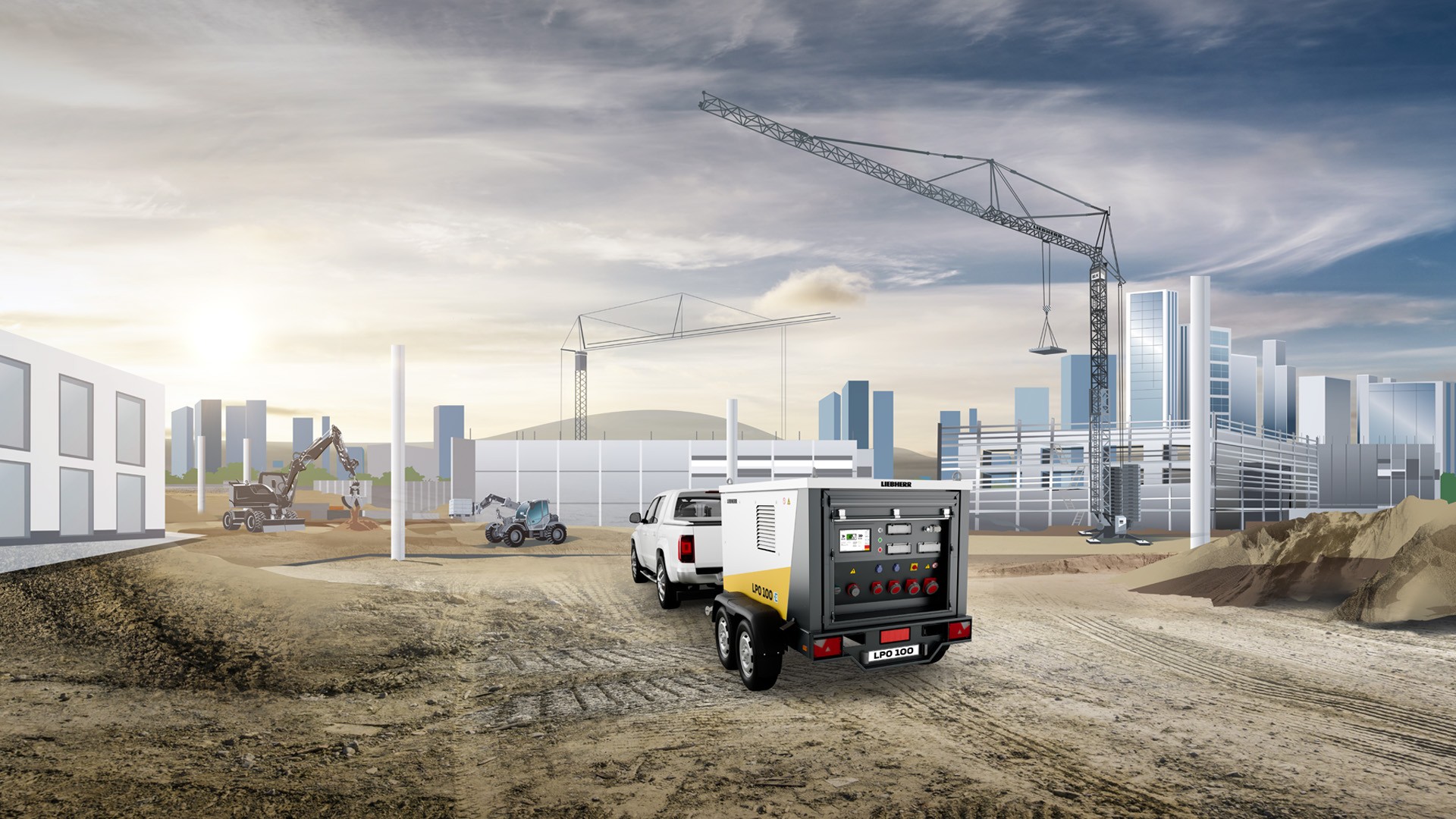 A truck with a mobile energy storage by Liebherr parked near a construction site, showcasing the bustling activity and heavy machinery in progress.