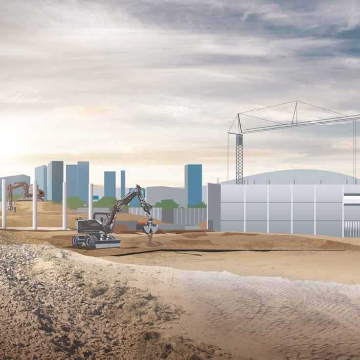 Ein Bagger und ein Kran auf einer modernen Baustelle mit Gebäuden im Hintergrund von Liebherr