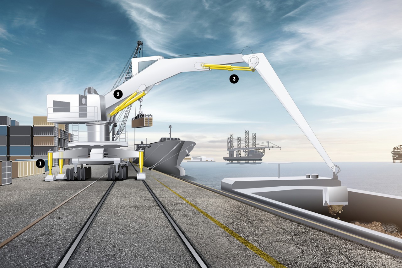 Ein Materialumschlaggerät arbeitet am Hafen
