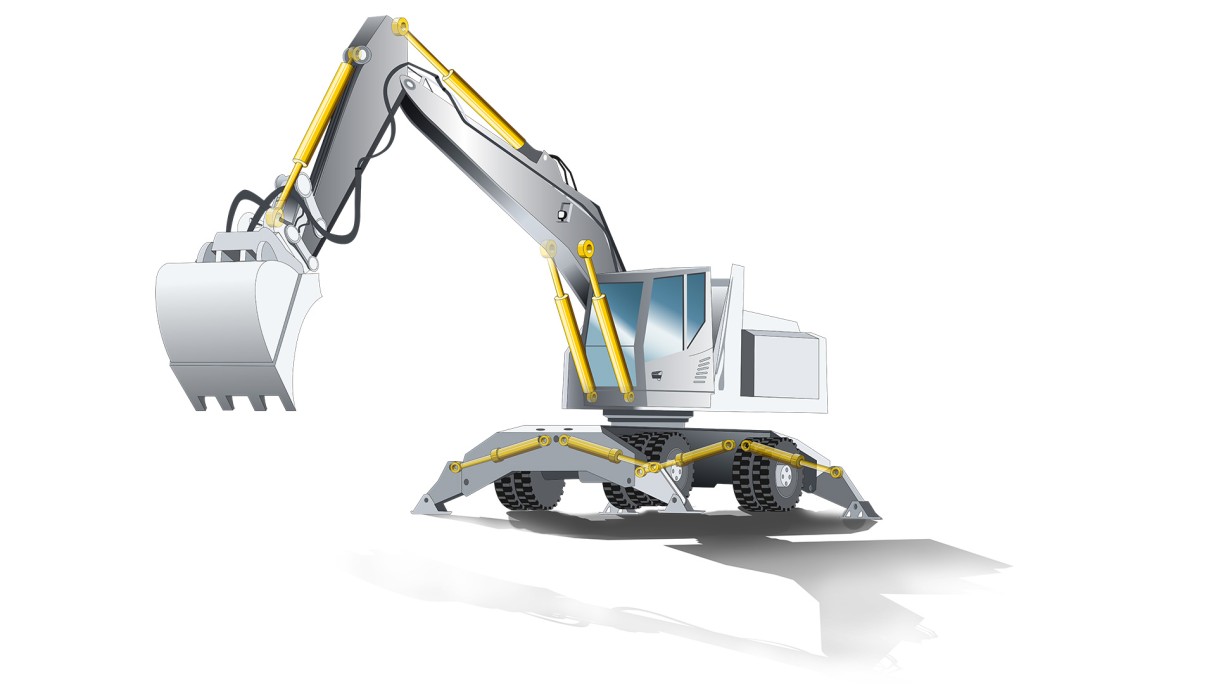 Ein Bagger mit einem markierten Löffelzylinder, einem Abstützzylinder, einem Hubzylinder und einem Stielzylinder von Liebherr