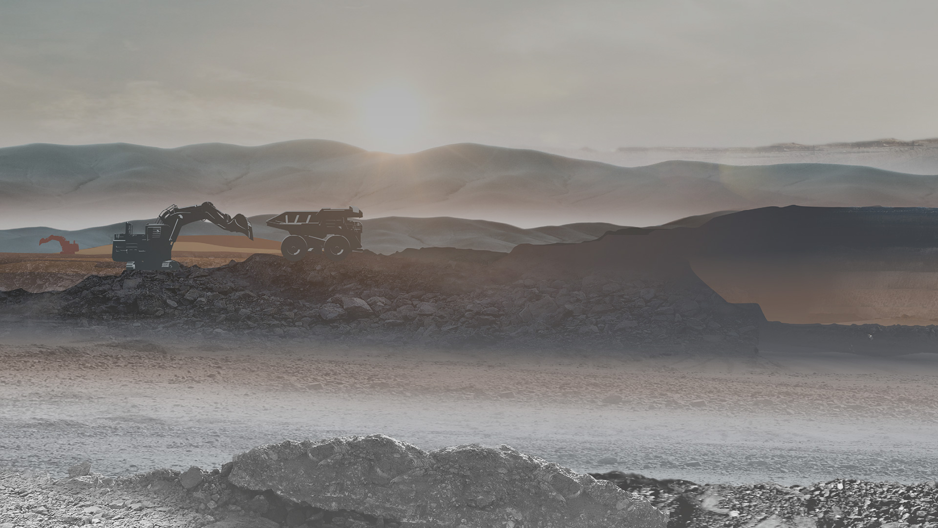 Ein Bagger und ein Muldenkipper in einer Bergbaulandschaft bei Sonnenaufgang