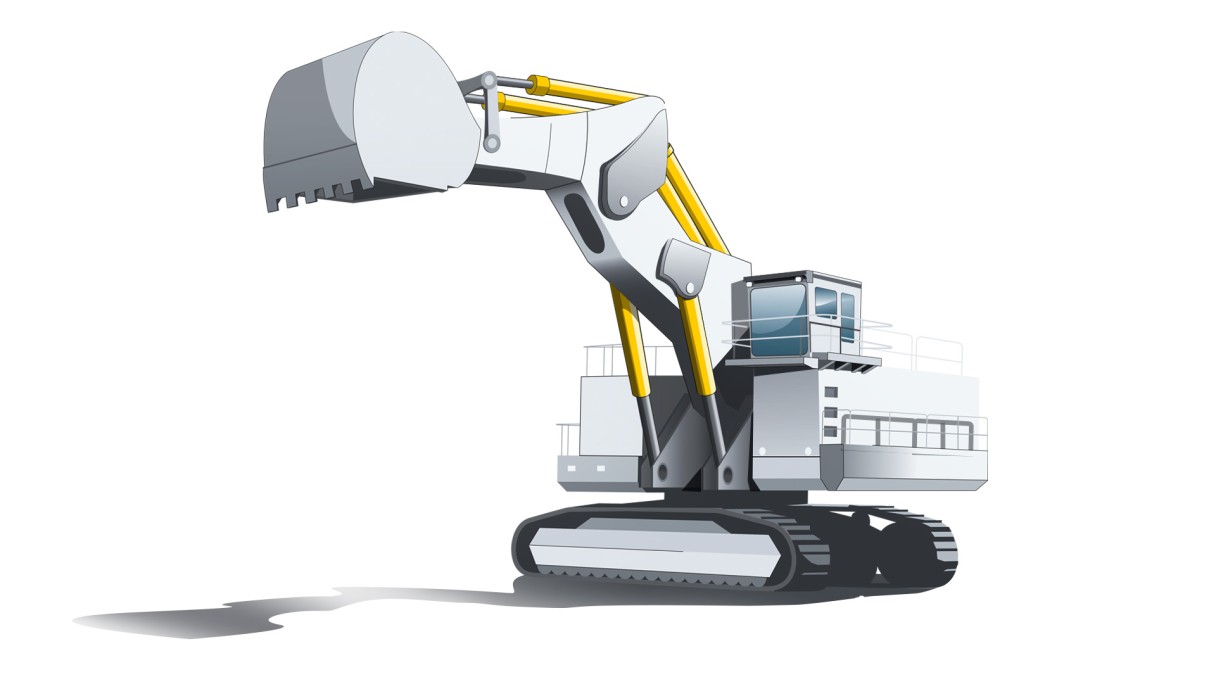 Ein Minenbagger mit einem markierten Löffelzylinder, einem Abstützzylinder, einem Hubzylinder und einem Stielzylinder von Liebherr