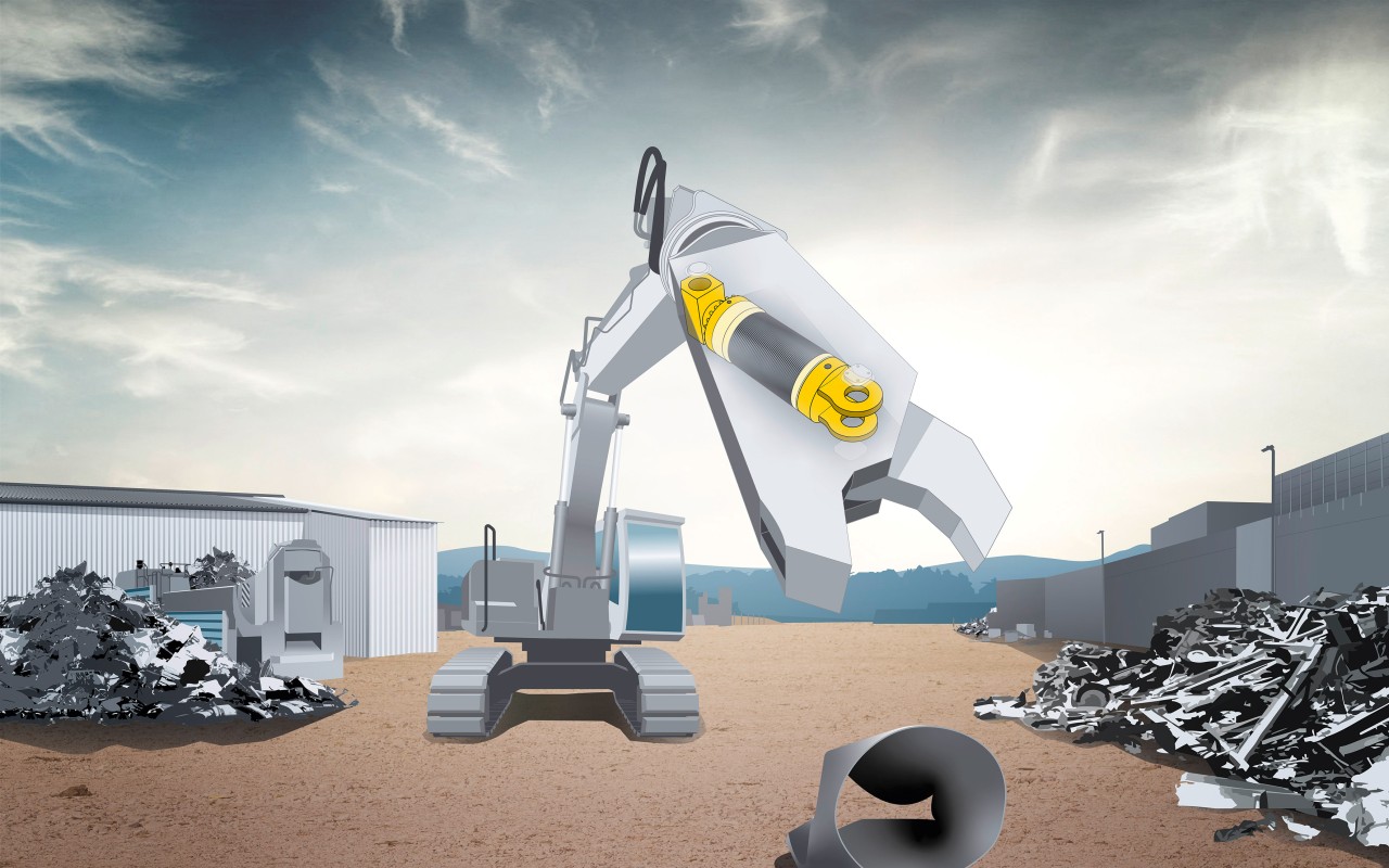 A scrap shear excavator focussing on the hydraulic cylinder in the scrap shear from Liebherr