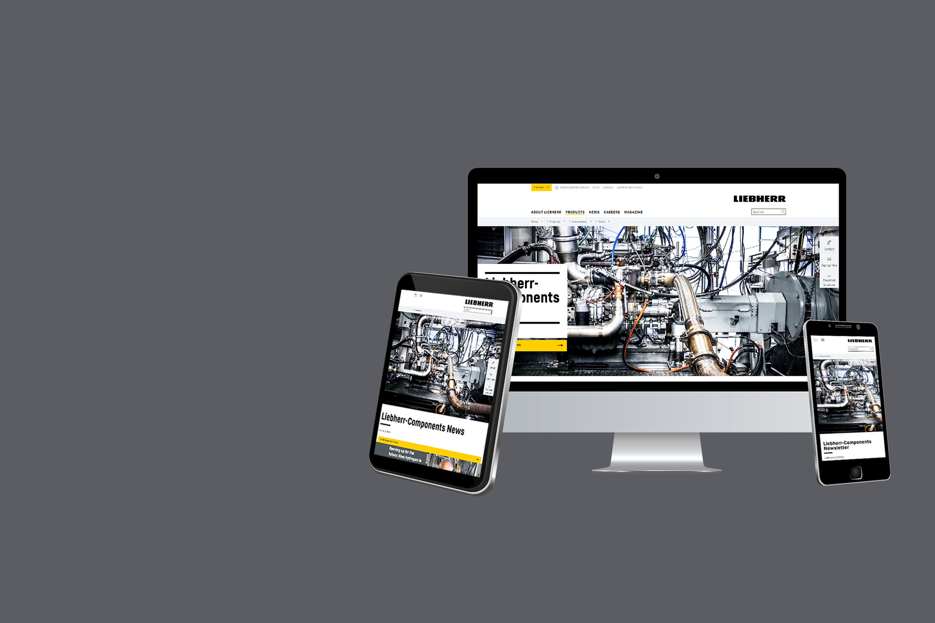 A desktop, tablet and smartphone with the Liebherr-Components newsletter on dark background