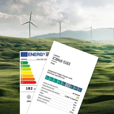 Energy label and product data sheet against a landscape of hills wind, turbines and a cloudy sky