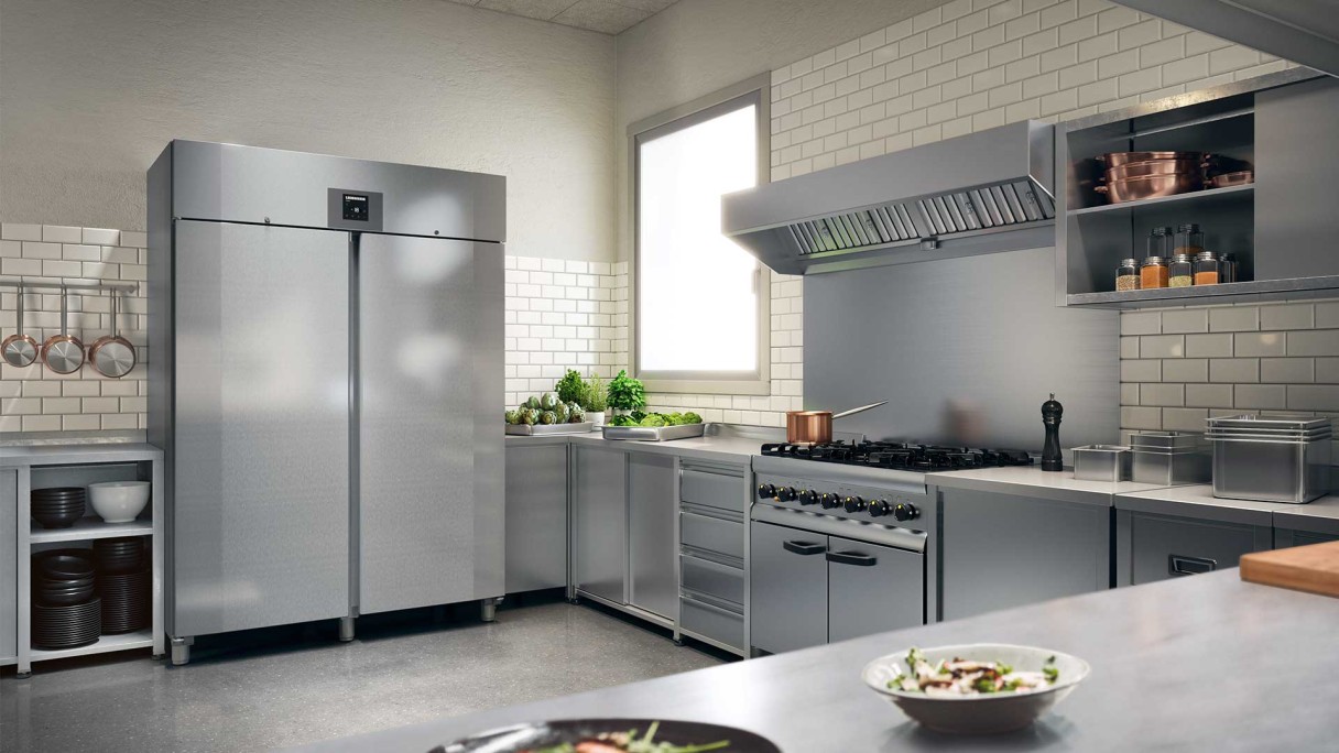 2-door silver fridge with closed doors in a commercial kitchen