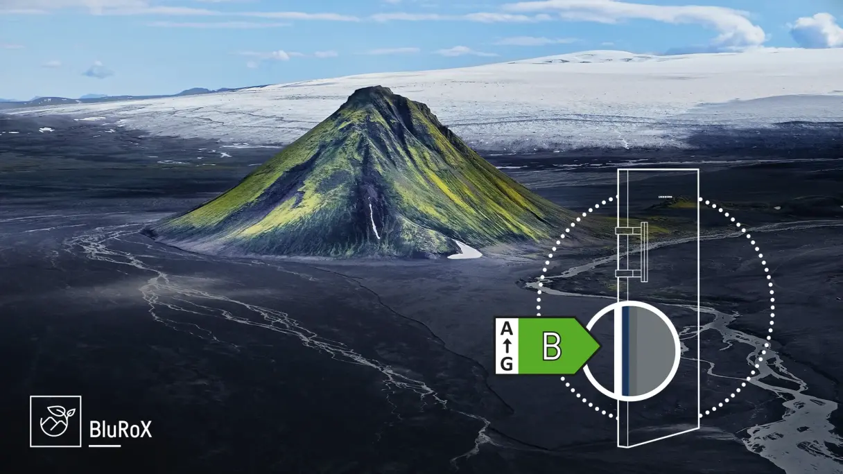 Vulkan mit B-Energielabel und einer Grafik mit der Zusammensetzung einer Gefrierschranktür