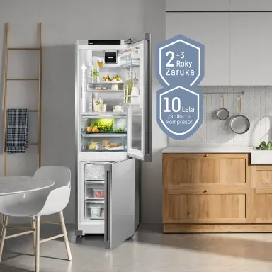 freestanding fridge-freezer in kitchen with 2+3 year warranty plus icon and 10-year compressor warranty icon