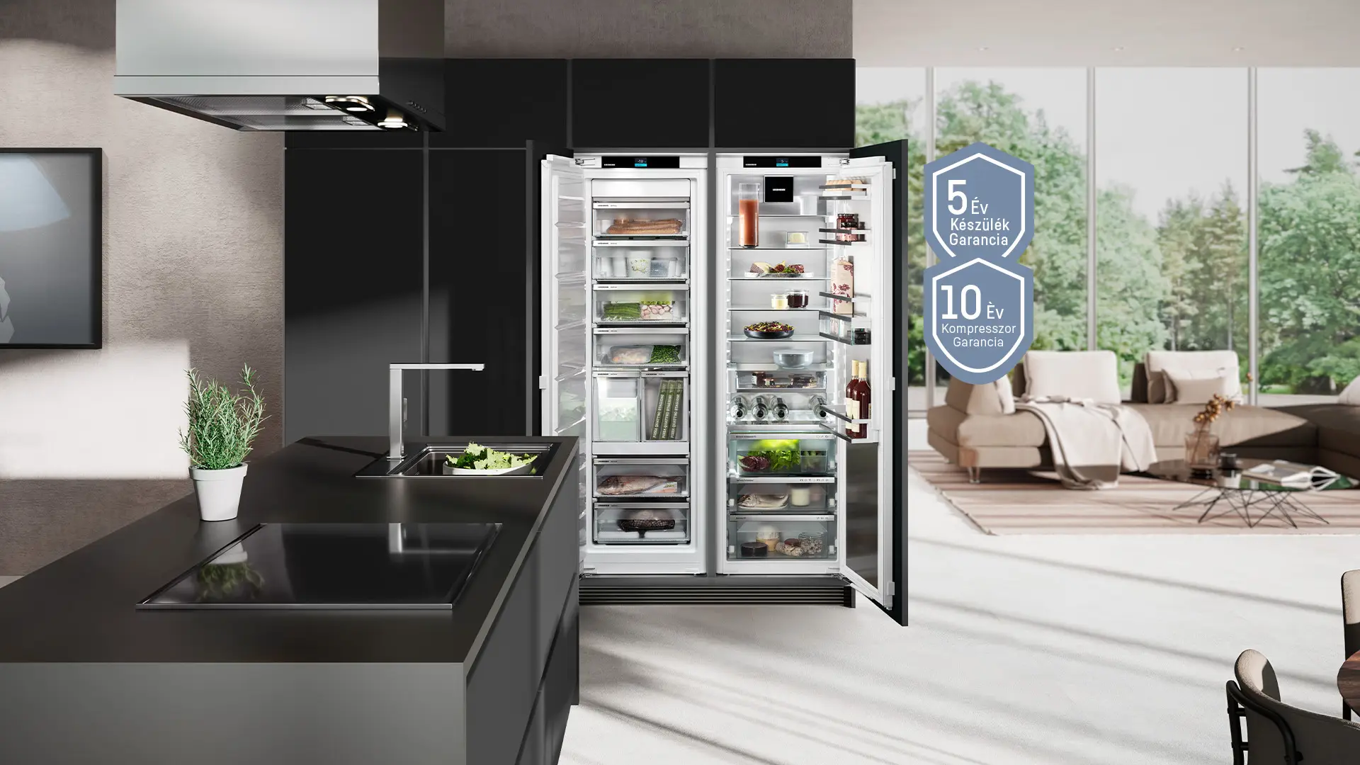 side-by-side refrigerator in kitchen with 5 year warranty plus icon and 10-year compressor warranty icon