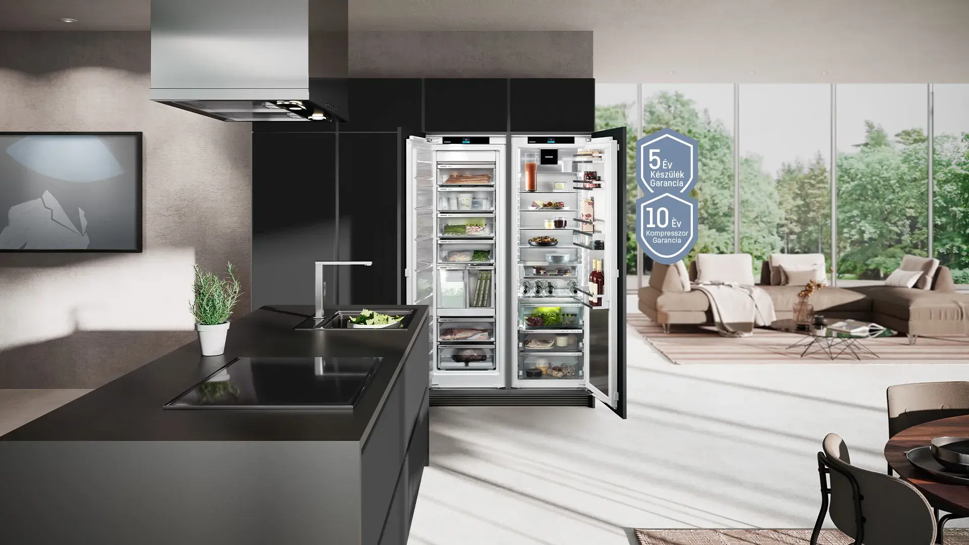 side-by-side refrigerator in kitchen with 2+3 year warranty plus icon and 10-year compressor warranty icon