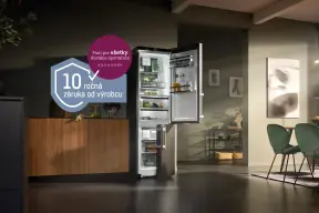 Freestanding fridge-freezer with 10-year manufacturer's guarantee logo