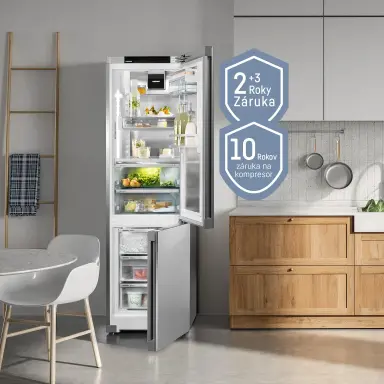 freestanding fridge-freezer in kitchen with 2+3 year warranty plus icon and 10-year compressor warranty icon