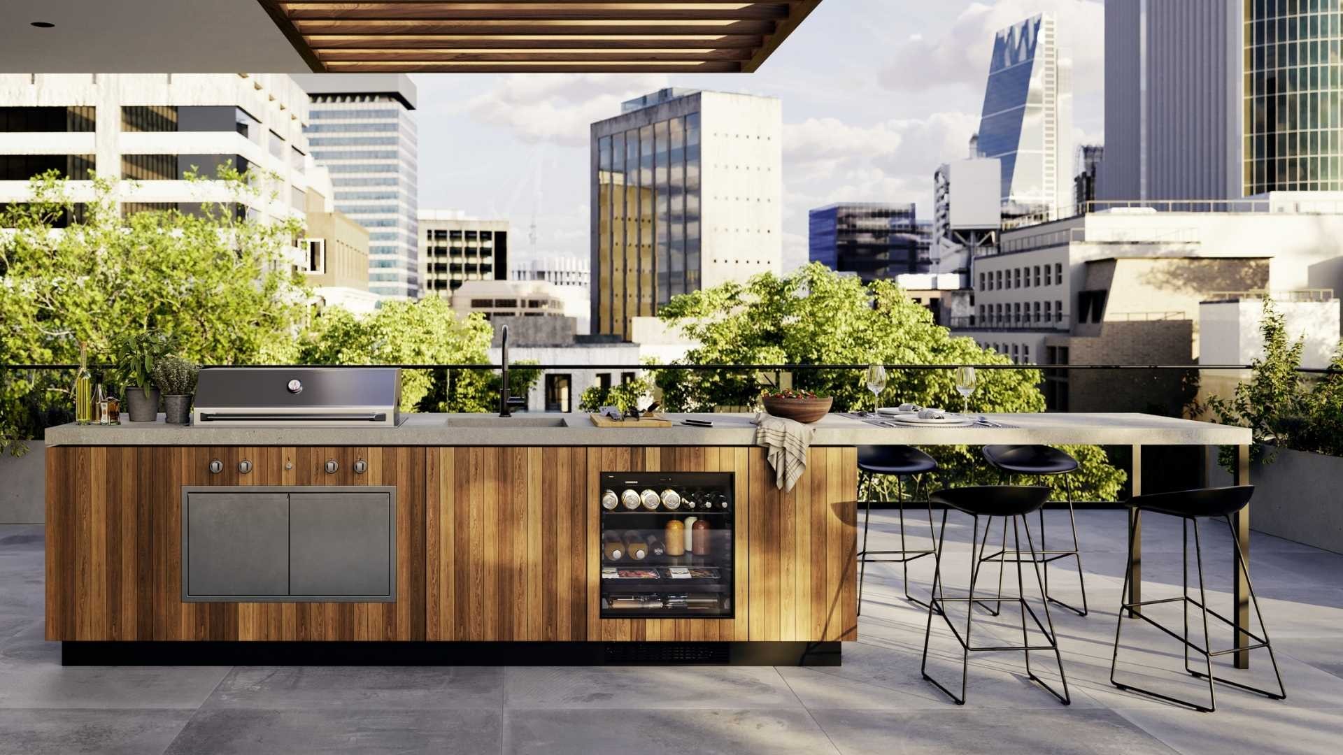 Un réfrigérateur pour stocker vos boissons et aliments dans votre cuisine d'extérieur pour vos barbecues, repas estivaux.