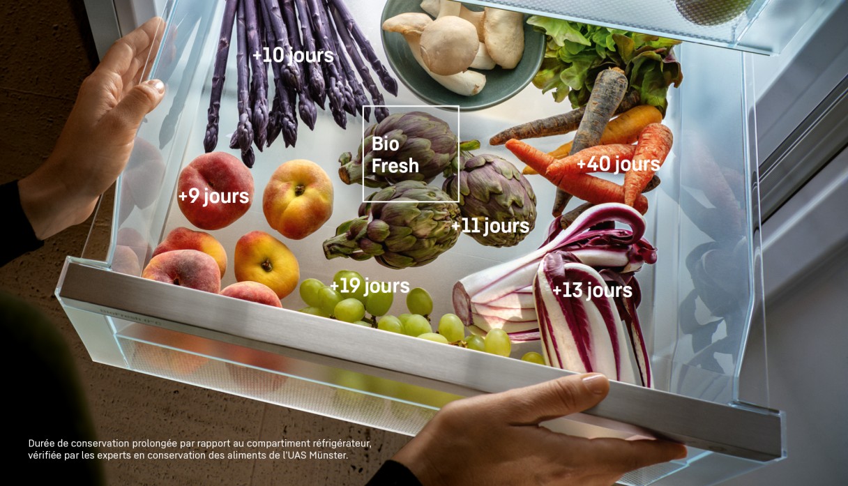 Bac BioFresh nombre de jours de conservation Il s'agit de compartiment BioFresh Liebherr avec la durée de conservation par fruits et légumes. Ils tiennent en moyenne jusqu'à 5x plus longtemps.