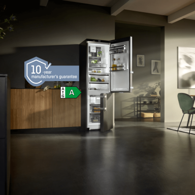 Open door fridge freezer with a 10 year manufactures guarantee icon and an a rated icon