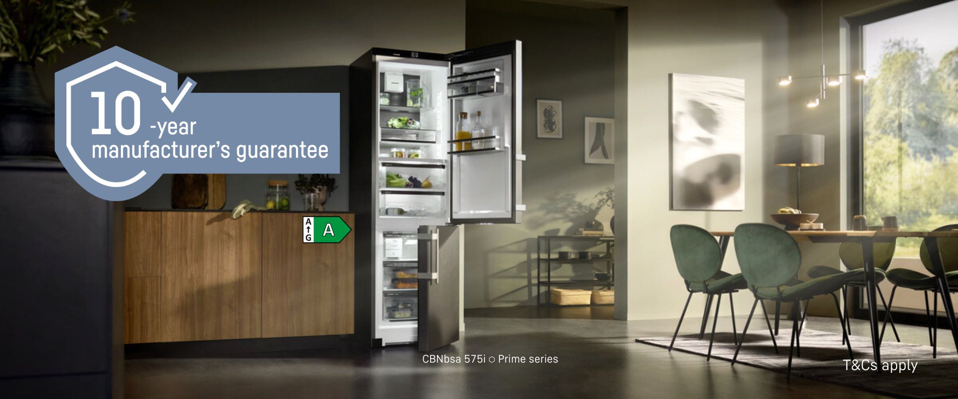 Modern open door appliance with the icon saying 10 years 