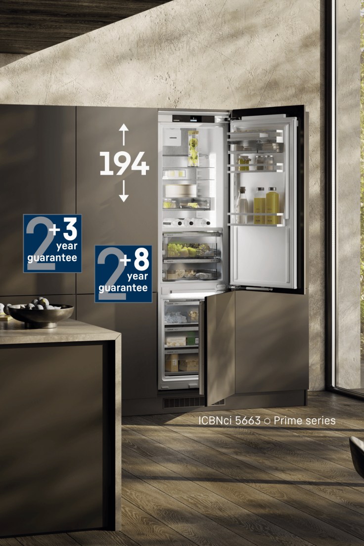 Open door integrated fridge freezer with a 194cm height and w+ icons