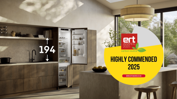 Tall 194 cm built-in fridge freezer with an open door in a modern open-plan kitchen, featuring an ERT award 2025 Highly commended badge.