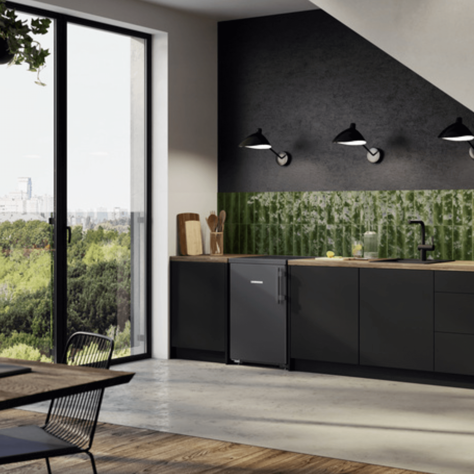 Small dark grey fridge in a contemporary kitchen environment.