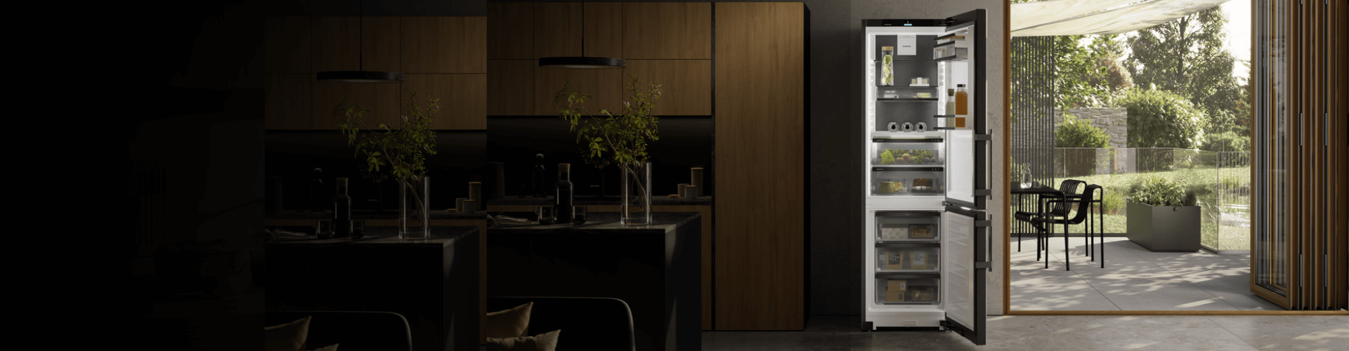 Open-door Liebherr CBNbsa 575i Prime BioFresh NoFrost fridge-freezer in a contemporary kitchen, revealing fresh produce and chilled items inside.