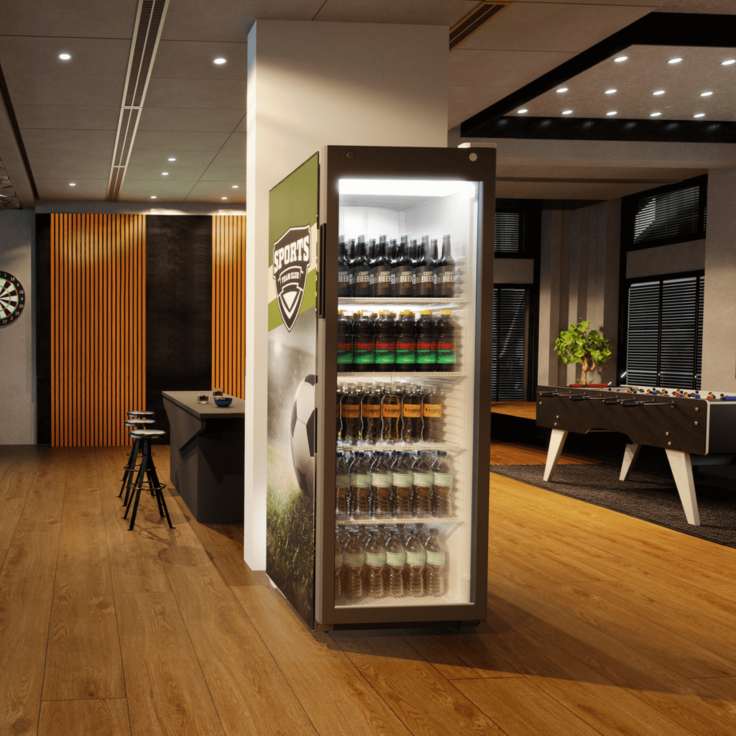 Large glass-door fridge featuring sports branding on the side.