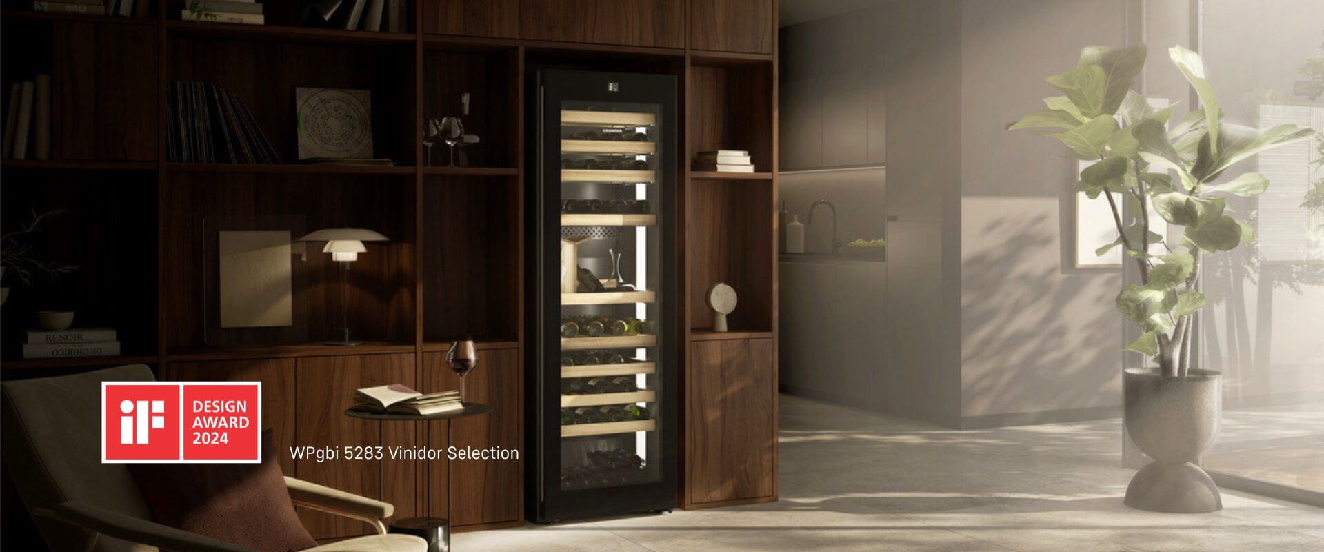 Wine fridge with a glass door with wine stocked on the shelf and a IF design award next to it