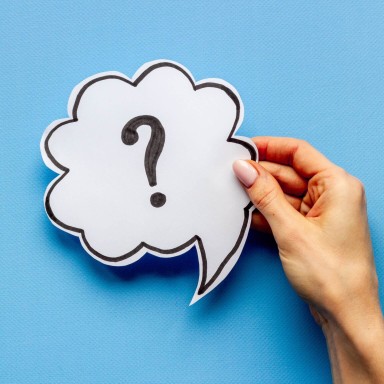 Large question mark displayed in a speech bubble on a blue background, representing help, guidance, or support.