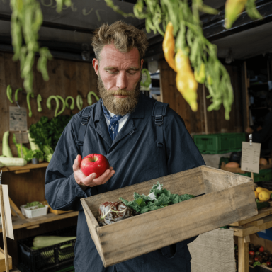 Mikkel Karstad at the market Mikkel Karstad at the market holding a wooden crate with fresh produce inside while he holds and fresh apple