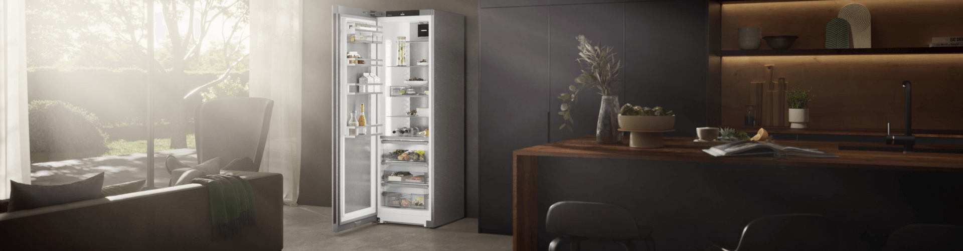 Open door fridge in a modern kitchen