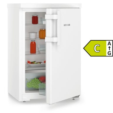 small fridge with partially open door and a C rated icon